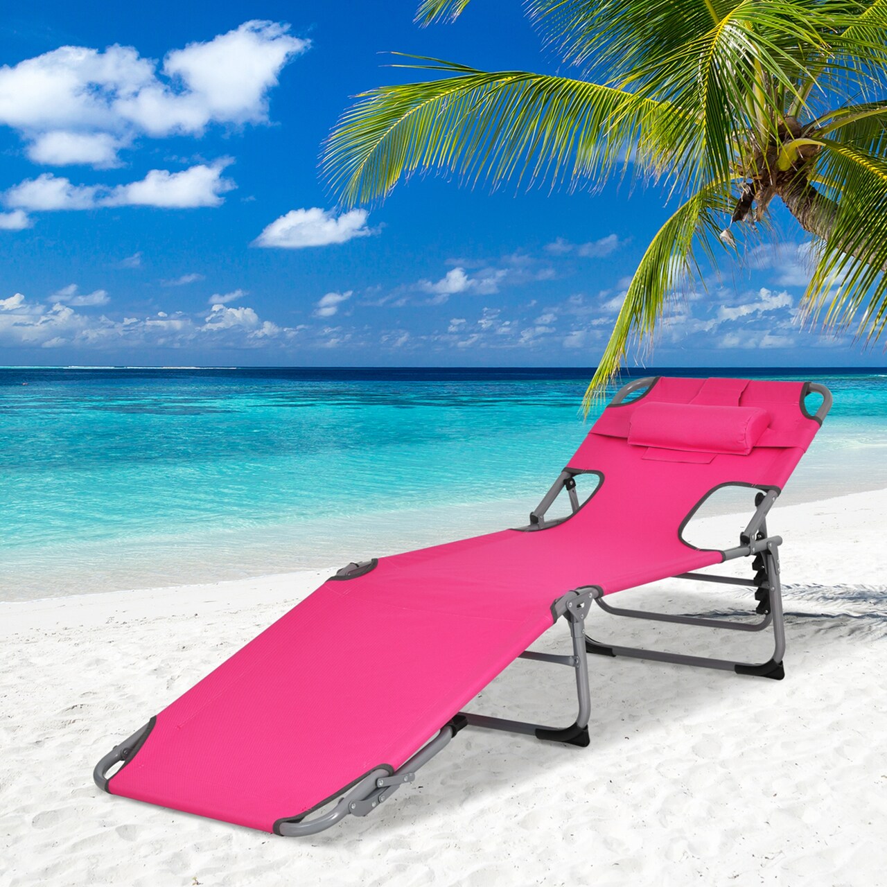 Goplus Outdoor Beach Lounge Chair Folding Chaise Lounge with Pillow Blue\Blue&Green\Black\Grey\Turquoise\Pink\Beige\Light Pink